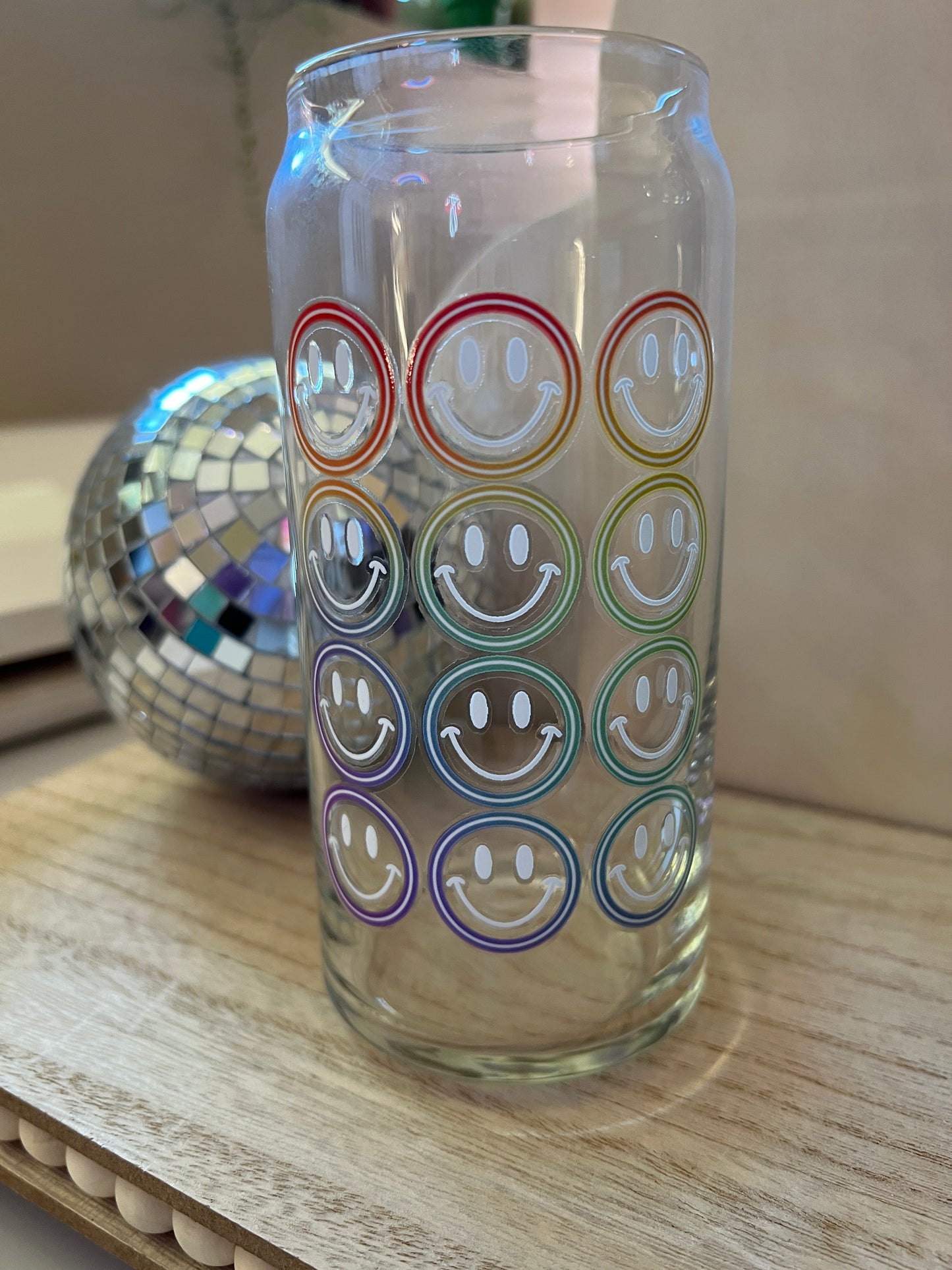 Rainbow Happy Face Glass Can Cup