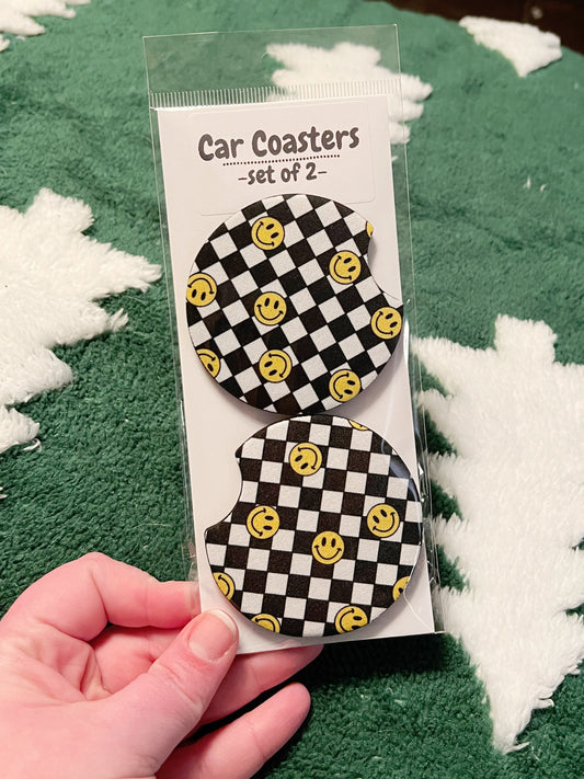 Happy Checker Car Coaster Set
