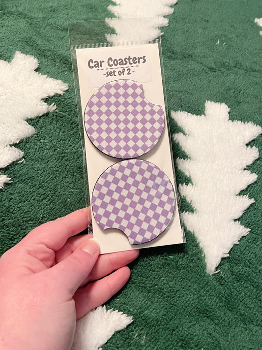 Purple Checker Car Coaster Set
