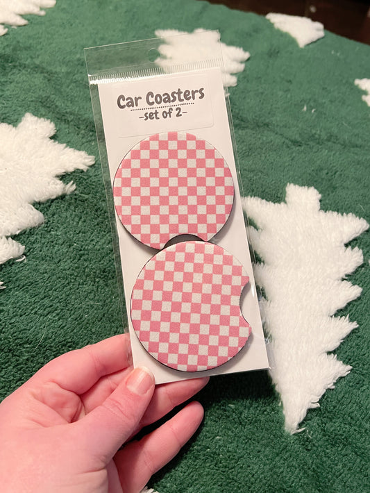 Pink Checker Car Coaster Set