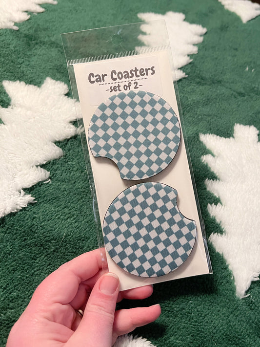 Light Blue Checker Car Coaster Set