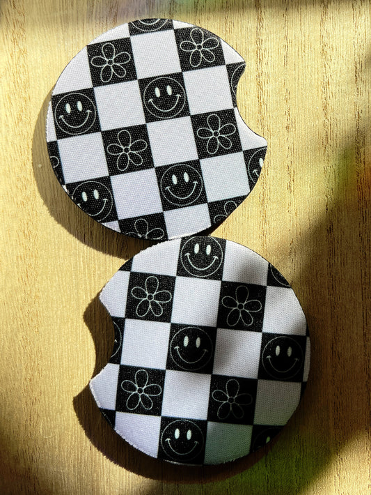 Flowers & Smiles Checker Car Coaster Set