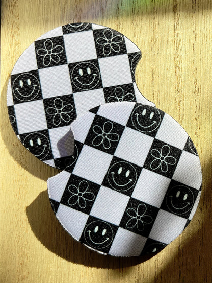 Flowers & Smiles Checker Car Coaster Set