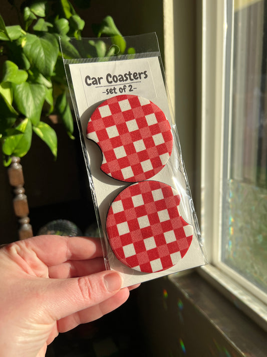 Red Gingham Car Coasters