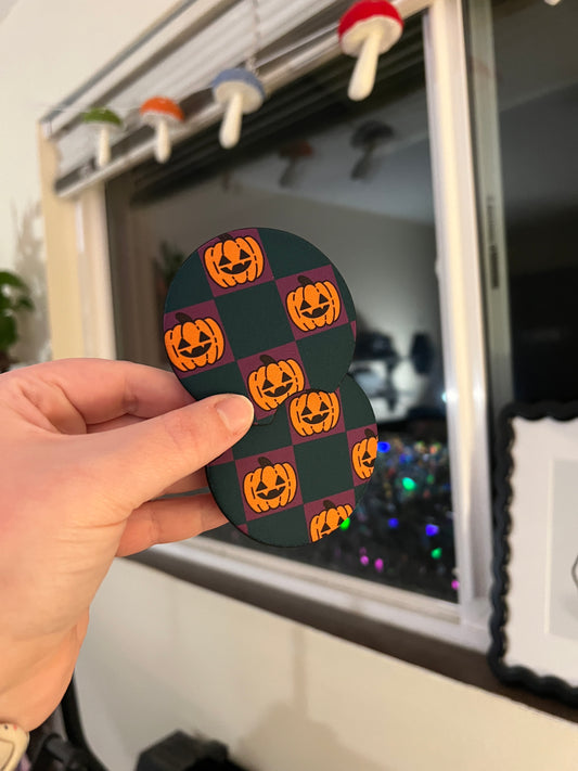Checkered Pumpkins Car Coasters
